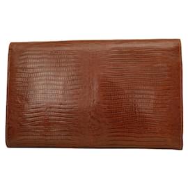 Gianfranco Ferré-Gianfranco Ferre Brown Lizard Leather Flap Top Clutch Bag Goldtone Lion Paw-Light brown