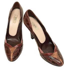 Prada-Prada Burgundy Brown Reptile Embossed Leather Round Toe Pumps Heels Shoes 37-Brown