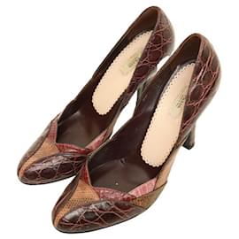 Prada-Prada Burgundy Brown Reptile Embossed Leather Round Toe Pumps Heels Shoes 37-Brown
