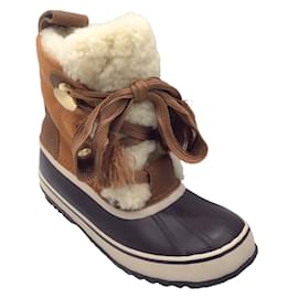 Chloé-Chloé x Sorel Tan / bruns / Bottes d'hiver à lacets en cuir suédé doublées de peau de mouton ivoire-Multicolore