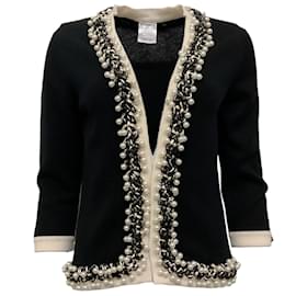 Chanel-Chanel Black Cashmere Open Cardigan Sweater with Pearls-Black