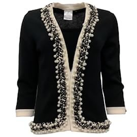 Chanel-Suéter tipo cárdigan abierto de cachemir negro Chanel con perlas-Negro
