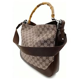 Gucci-Gucci Bamboo shoulder bag in monogram canvas and leather-Brown