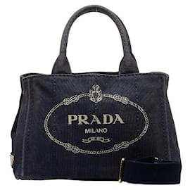 Prada-Prada Canapa Borsa a mano con logo Borsa in tela in buone condizioni-Nero