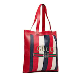 Gucci-Gucci Tricolor Canvas & Leather Logo Tote Canvas Tote Bag 523781 in Excellent condition-Red
