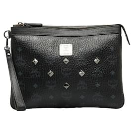 MCM-MCM Visetos Studded Zipped Clutch Bag Canvas Clutch Bag in Good condition-Black