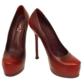 Yves Saint Laurent-Yves Saint Laurent Escarpins à talons plateforme en cuir rouge Ombe YSL Tribute 40-Bordeaux