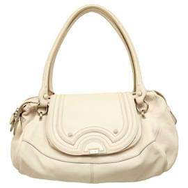 Calvin Klein-Calvin Klein White Leather Beige Stitching Satchel Bag Shoulder Flap top Handbag-White