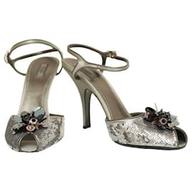 Prada-PRADA Silver Leather & Sequins Peep Toe Strappy Sandals Heels Shoes - Sz 39.5-Silvery