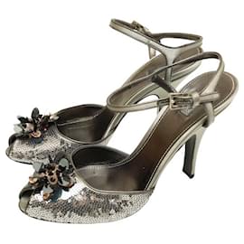 Prada-PRADA Sandalias con tiras y punta abierta de cuero plateado y lentejuelas Zapatos de tacón - Sz 39.5-Plata