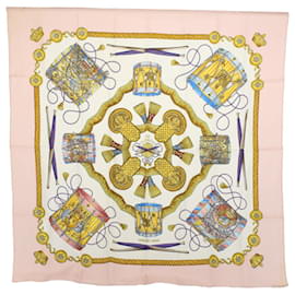 Hermès-HERMES CARRE 90 LES TAMBOURS Scarf Silk Pink White Auth 56604-Pink,White