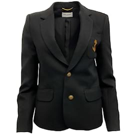 Saint Laurent-Saint Laurent Black Wool Blazer with Embroidered Anchor-Black
