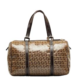 Fendi-Fendi Zucchino Canvas Mini Boston Bag Bolsa de lona em bom estado-Marrom