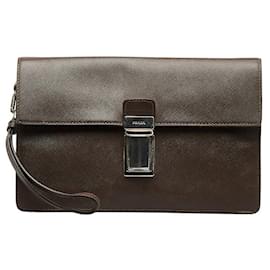 Prada-Prada Saffiano Leather Clutch Bag Leather Clutch Bag in Good condition-Brown