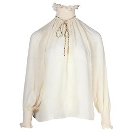 Céline Top com detalhe de colar de corda e pescoço franzido Celine em seda creme Branco Cru