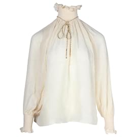 Céline-Celine Ruched Neck and Rope Necklace Detail Top in Cream Silk-White,Cream