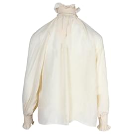 Céline-Celine Ruched Neck and Rope Necklace Detail Top in Cream Silk-White,Cream