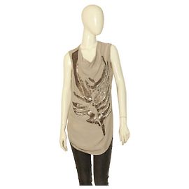 Helmut Lang Beige Drapé Plus Long Devant Paillettes Soie Blouse Sans Manches Top M Beige