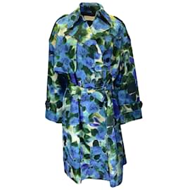 Dries Van Noten-Dries van Noten Bleu / Trench-coat en coton ceinturé imprimé vert-Multicolore