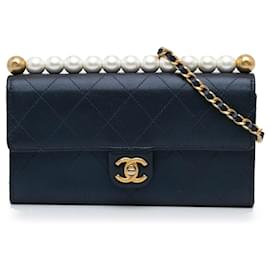 Chanel-Chanel Blue Chic Pearls Goatskin Wallet on Chain-Blue,Navy blue