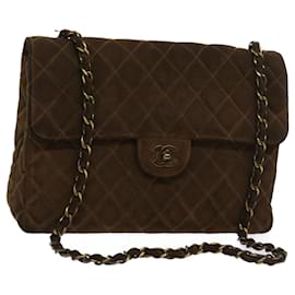 Chanel-CHANEL Bolsa de ombro com corrente grande matelassê camurça marrom CC Auth 57075NO-Marrom