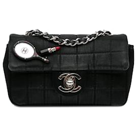 Chanel-Chanel Schwarze Extra Mini Satin Choco Bar Charms Flap Bag-Schwarz