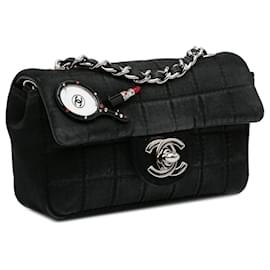 Chanel-Chanel Black Extra Mini Satin Choco Bar Charms Flap Bag-Black