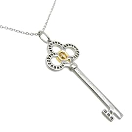 Autre Marque-Platinum Diamond Crown Key Pendant Necklace 44271099-Silvery