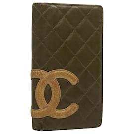 Chanel-CHANEL Cambon Line Long Wallet Leather Khaki CC Auth 58294-Khaki