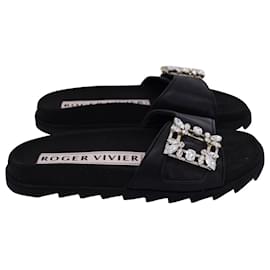 Roger Vivier-Roger Vivier Slidy Biki Vivà Mini Brooch Sandals in Black Leather-Black