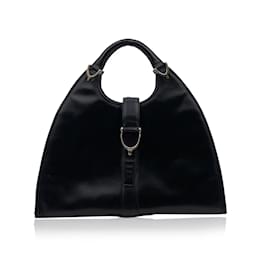 Gucci-Vintage Black Leather Stirrup Hobo Bag Handbag-Black
