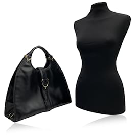 Gucci-Vintage Black Leather Stirrup Hobo Bag Handbag-Black