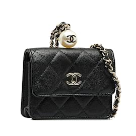 Chanel-Gesteppte CC-Geldbörse mit Kaviarkette-Schwarz