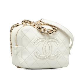 Chanel-Bolsa transversal de couro acolchoado CC com corrente-Branco