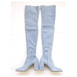 Prada-Prada Fall 2015 Powder Blue Suede Over The  Knee Boots-Light blue
