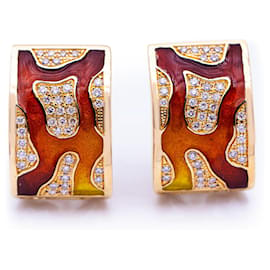 Autre Marque-Yellow gold earrings with diamonds and enamel.-Golden
