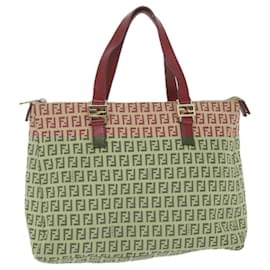 Fendi-FENDI Zucchino Canvas Tote Bag Red Beige Auth 58644-Red,Beige