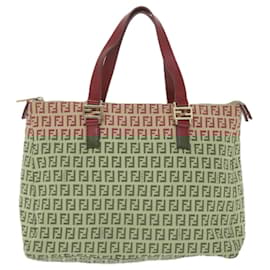 Fendi-FENDI Zucchino Canvas Tote Bag Red Beige Auth 58644-Red,Beige