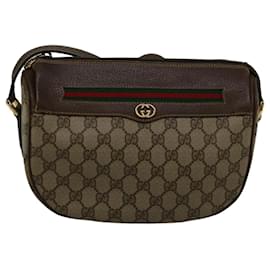 Gucci-GUCCI GG Canvas Web Sherry Line Shoulder Bag PVC Leather Beige Green Auth 57284-Red,Beige,Green