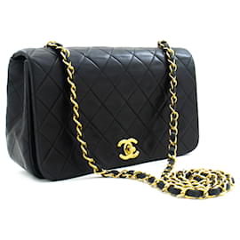 Chanel-CHANEL Bolso de hombro de cadena con solapa completa Embrague Piel de cordero acolchada negra-Negro