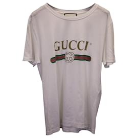 Gucci-Camiseta desgastada com estampa de logotipo Gucci em algodão branco-Branco