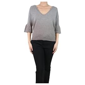 Brunello Cucinelli-Suéter cinza ombre com decote em V profundo e mangas sino - tamanho XL-Cinza