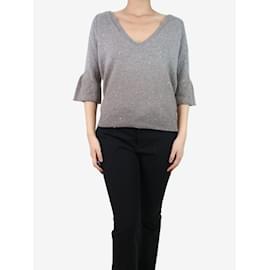 Brunello Cucinelli-Suéter cinza ombre com decote em V profundo e mangas sino - tamanho XL-Cinza