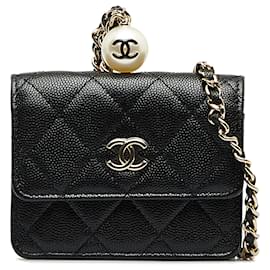 Chanel-Porte-monnaie Chanel CC Caviar Pearl noir avec chaîne-Noir