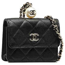 Chanel-Portamonete Chanel Black CC Caviar Pearl con catena-Nero