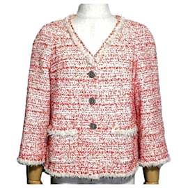 Chanel-Chanel 2011 giacca corta in tweed rosso con frange FR 38-Rosa,Rosso,Beige,Corallo