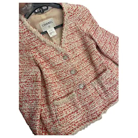 Chanel-Chanel 2011 giacca corta in tweed rosso con frange FR 38-Rosa,Rosso,Beige,Corallo