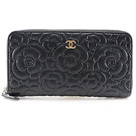 Chanel-CC Camellia geprägte Geldbörse mit umlaufendem Reißverschluss A82281-Schwarz