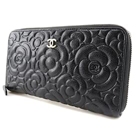 Chanel-CC Camellia Embossed Zip Around Wallet A82281-Black