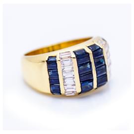 Autre Marque-White Gold Ring with Baguette Sapphires-White,Blue,Golden